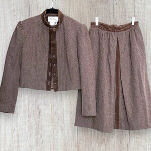 Vintage Lanz Originals Wool Skirt Suit Brown Velvet Trim Austrian Dirndl Style 7